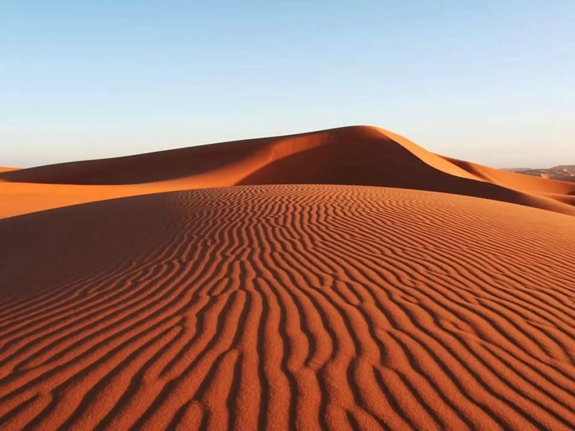 Le vent dessine des rides régulières sur le flanc de la dune, sous un ciel sans nuage.